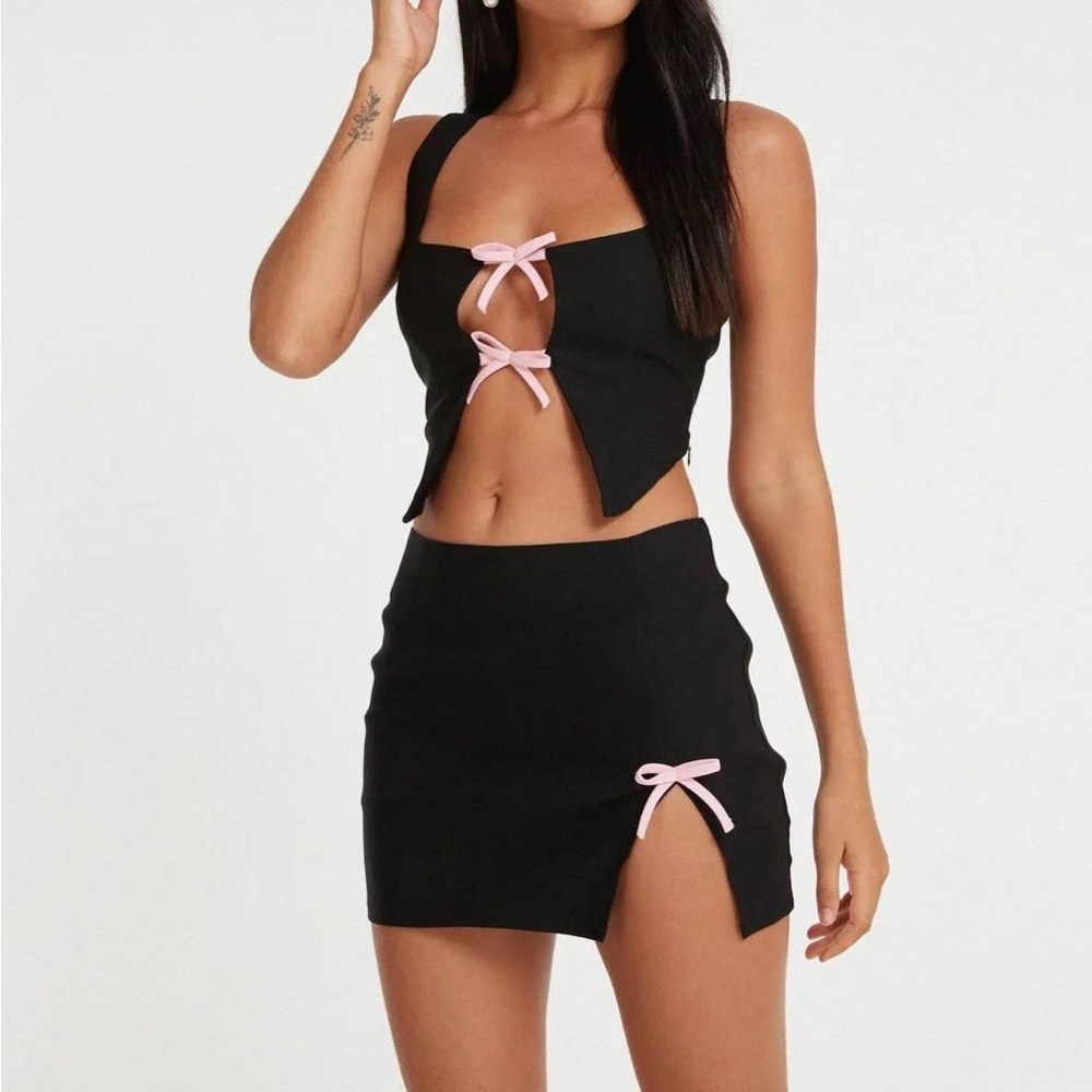 Motel Black Two-Piece Mini Set with Pink Bow Accents